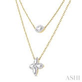 1/2 Ctw Floral Baguette and Round Cut Diamond Layered Fashion Necklace in 14K Yellow Gold